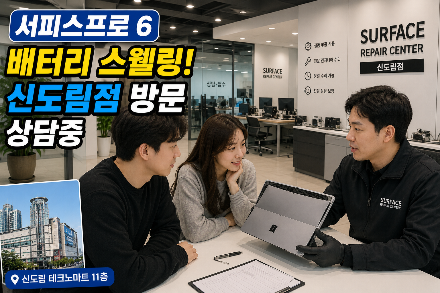 신도림점 마이크로소프트 서피스 서피스프로6 배터리 배부름 액정들뜸(스웰링현상) 수리사례 이미지 서피스 프로 6 배터리 스웰링 배부름 현상 액정 들뜸 수리, 정품 배터리 교체로 완벽 해결!