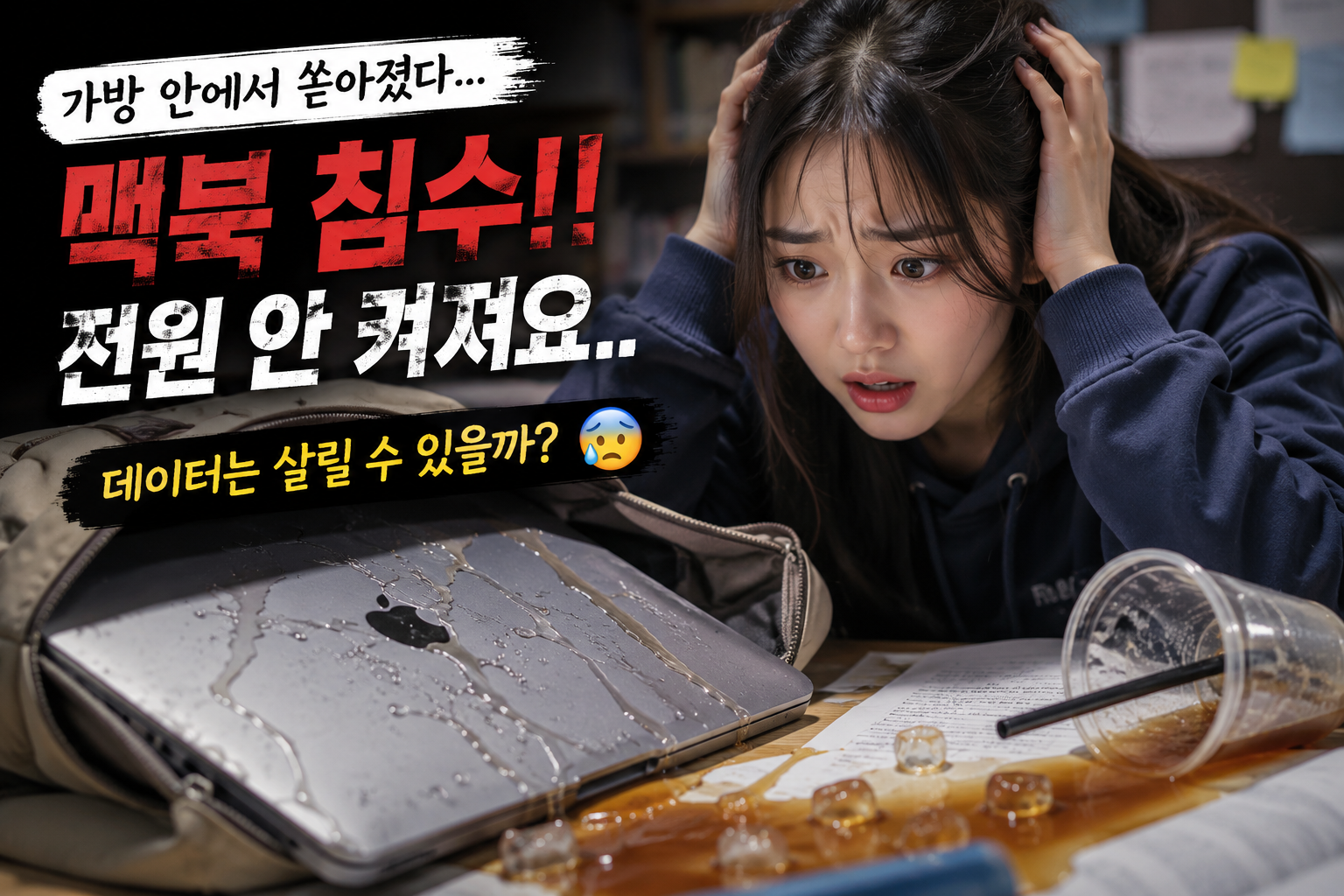 선릉점 맥북프로 M2 음류침수로 인한 맥북프로 전원불 데이터 중요 수리사례 상세사진 1번 이미지입니다. 강남 맥북프로 침수전원불 수리 M2모델 세척 약품 처리 건조 보드수리 데이터 복원수리 완료 관련 1번째 수리 단계로, 입고된 기기의 외관 상태와 파손 부위를 확인하는 초기 점검 장면입니다.